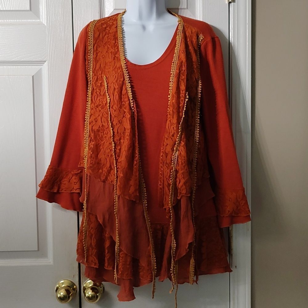 Adorn rust color lace bohemian boho ruffle hem sleeve lightweight sweater  Sz L